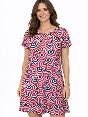 Lands End Umbrella Print Dress Pink Red Blue Short Sleeve Medium Coastal